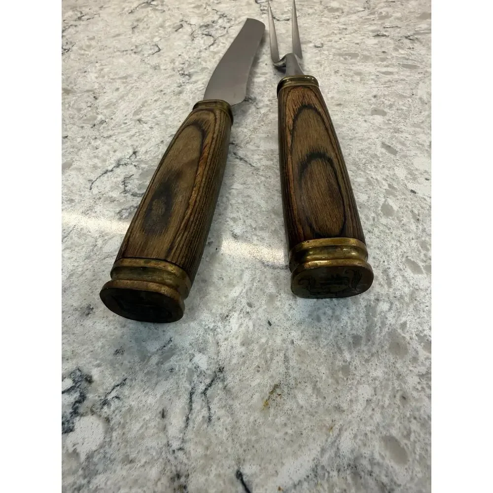 Vintage Carver Set Dark Wood Handles and Brass Bolster Initials 